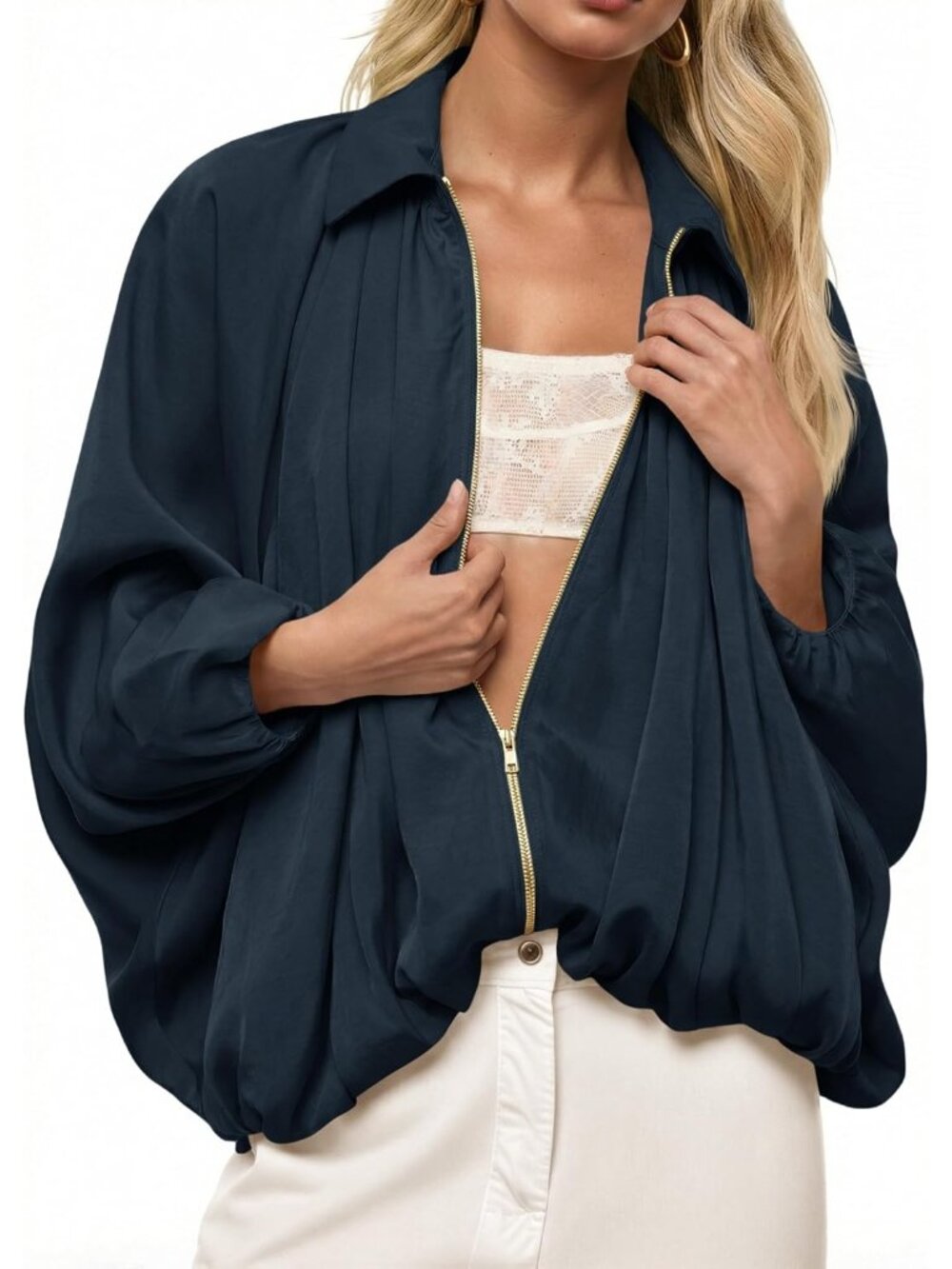 Womens Navy Loose Oversized Lapel Collar Long Sleeve Zip Up Bomber Jacket